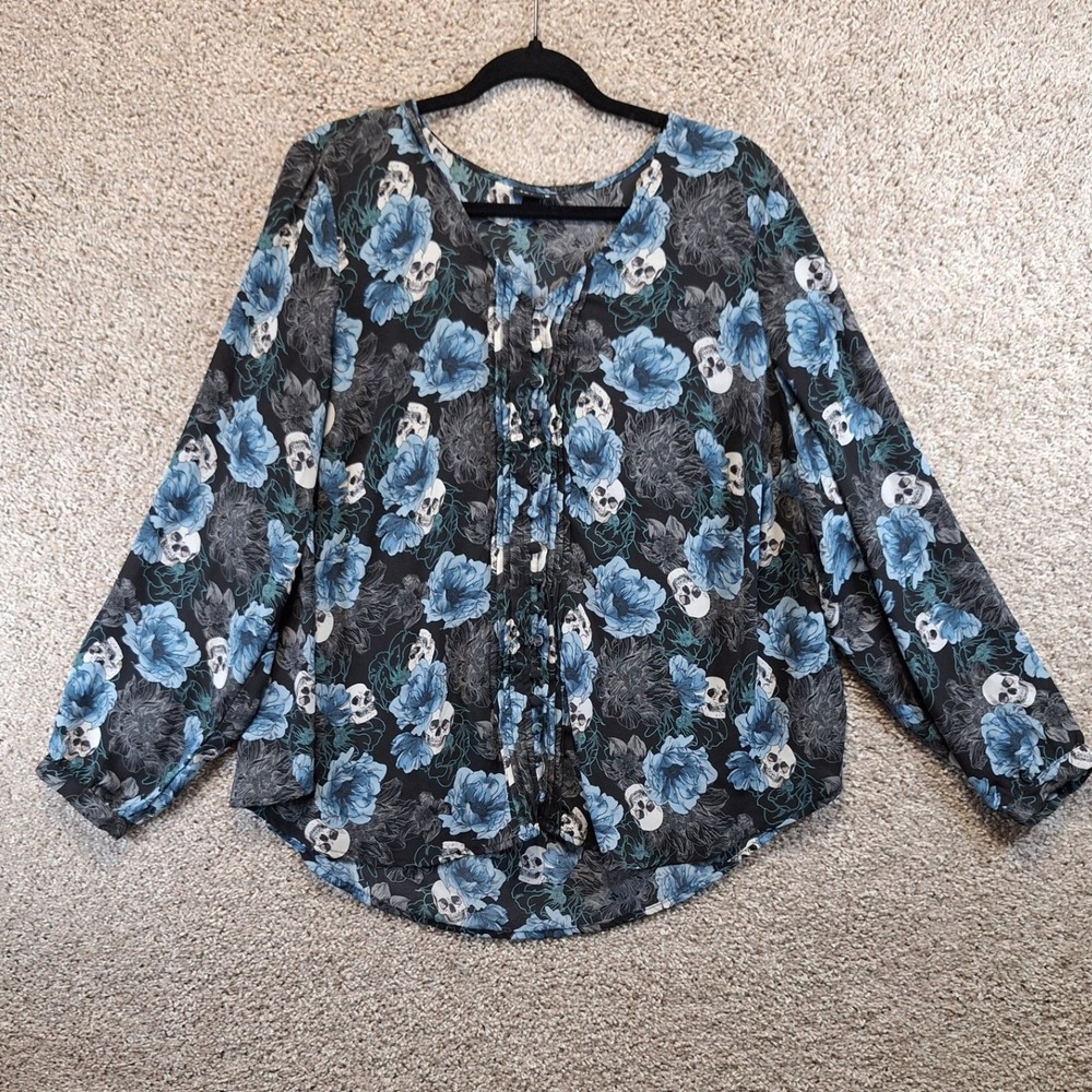 Torrid Blouse Womens 1 Multicolor Skull Floral Harper Georgette Gothic Edgy Boho